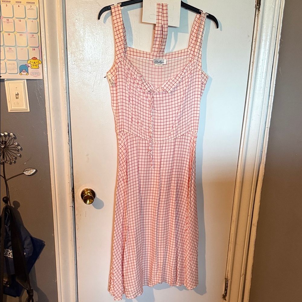 Vintage Sundress White with Red Grid Windowpane Pattern
